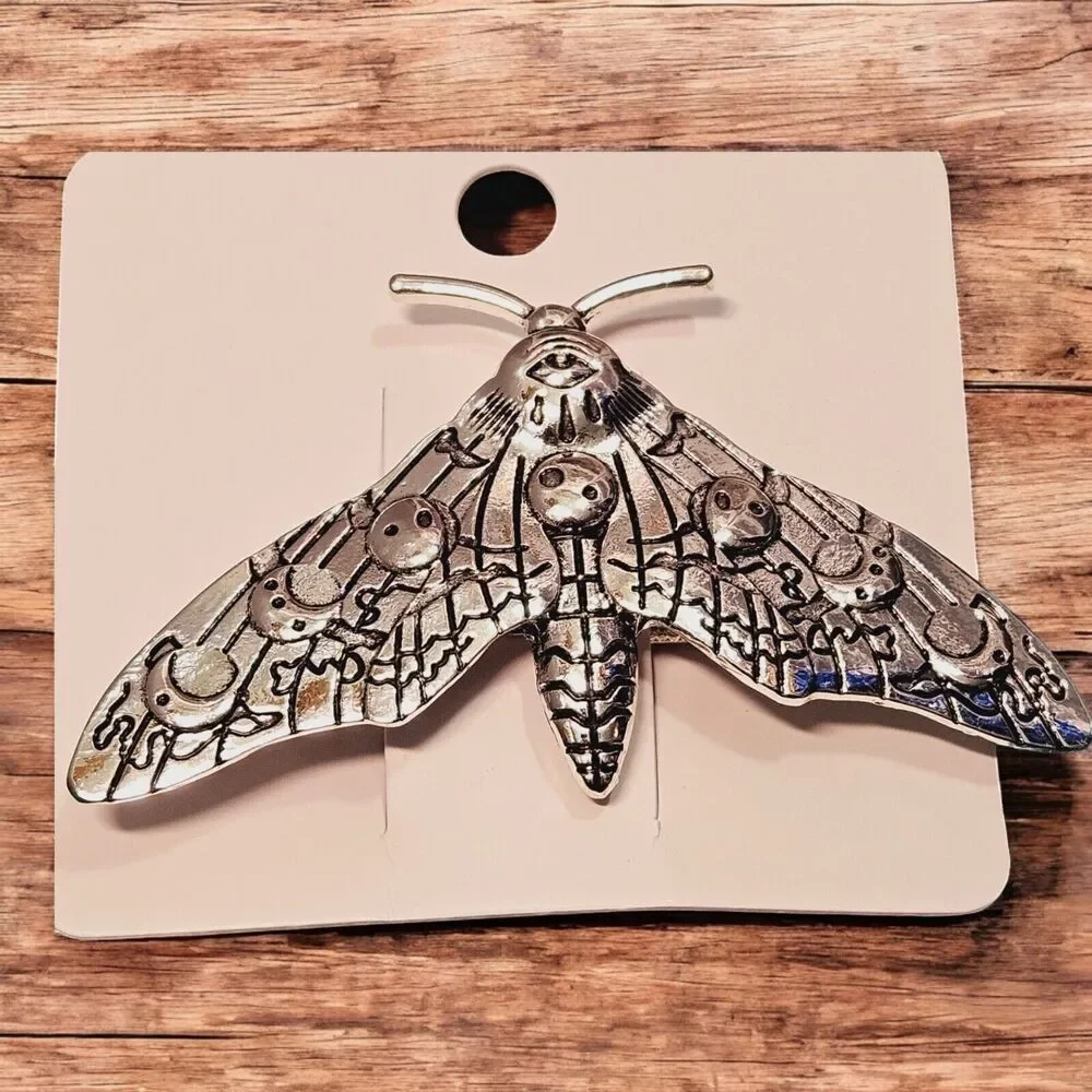 Gothic Moon Phase Moth Hair Clip Death Skull Insect Bug Barrett Silver Tone